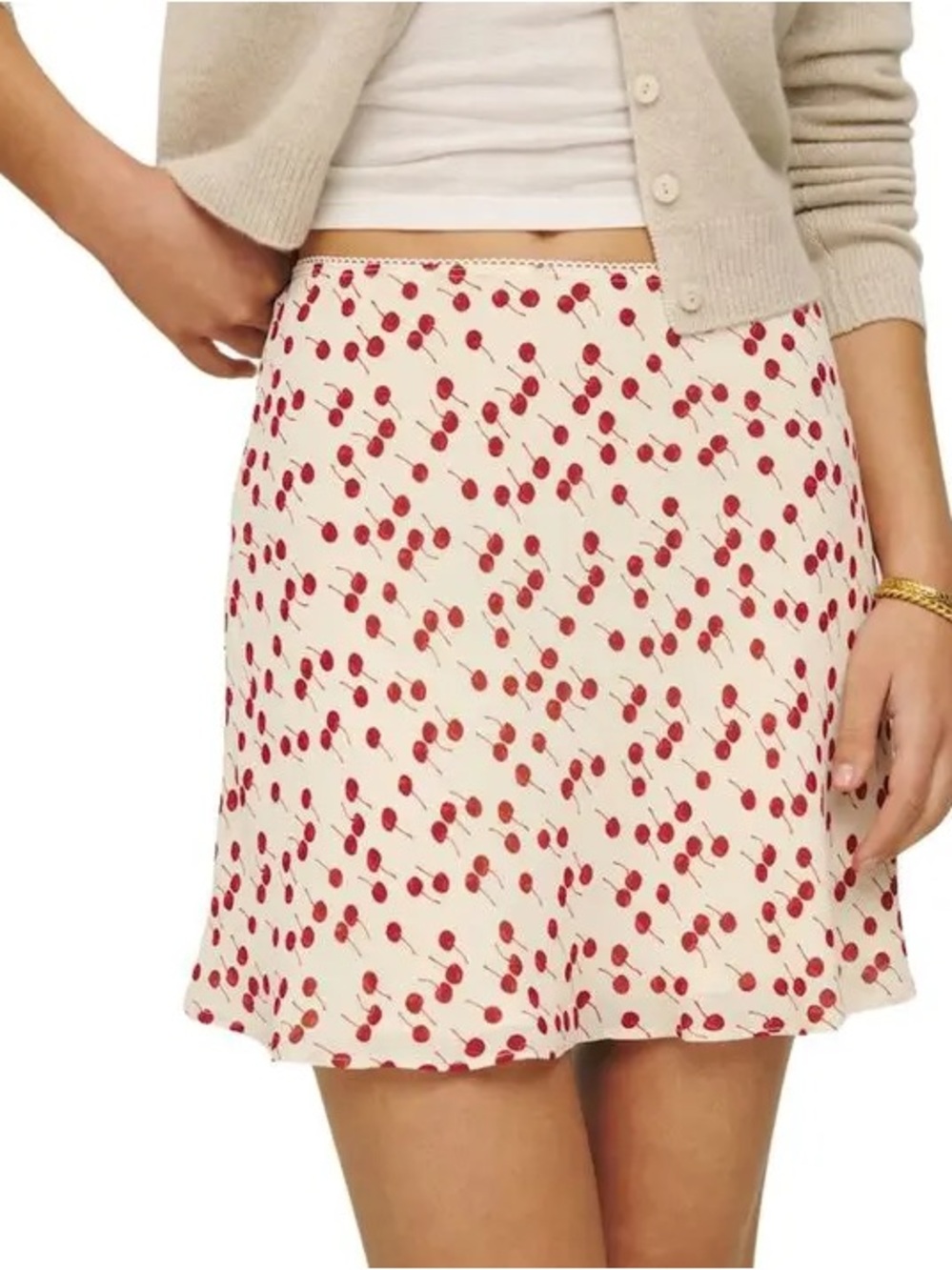 Reformation Cream Mini Skirt with Red Cherry Print